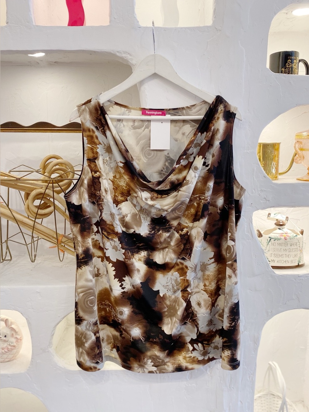 Y2K Vintage Brown Cream & Blue Floral Stretchy Cowl Neck Tank Top Plus Size